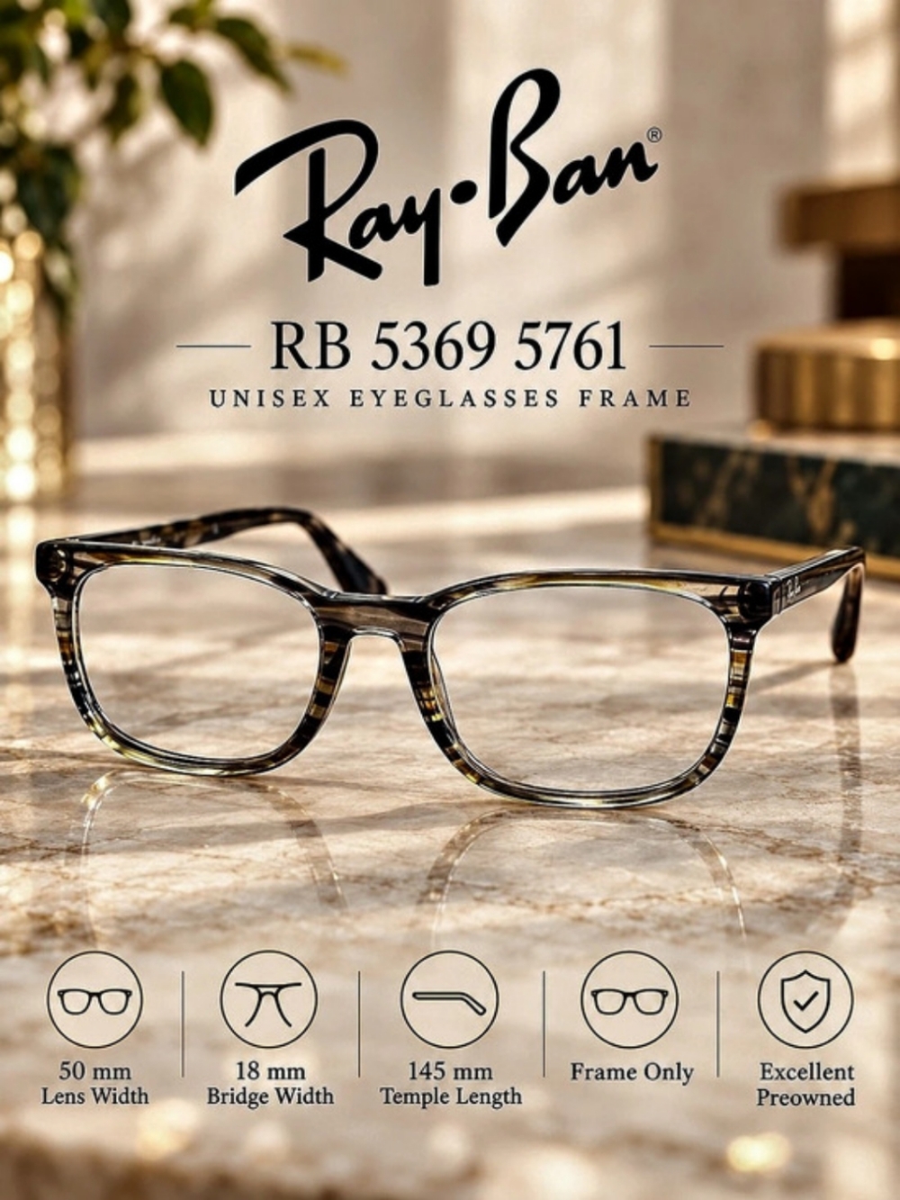 Ray-Ban RB 5369 5761 Striped Brown Gray Eyeglass Frames 50-18-145 Unisex